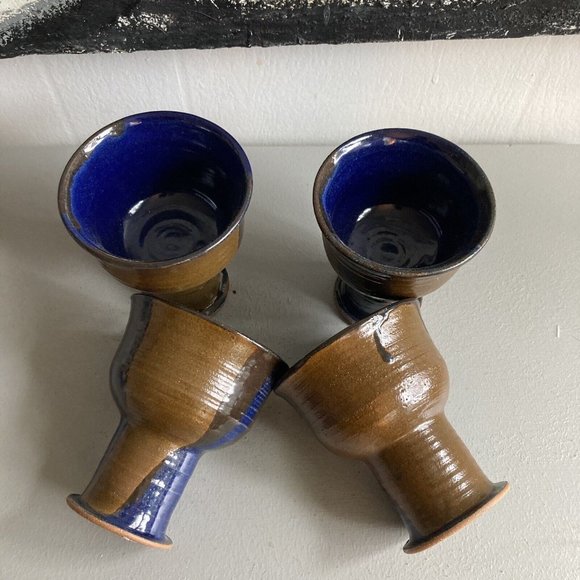 Studio Stoneware Wine Goblets lot of 4 Art Pottery Chunky Foot Chalice Rustic H… - Picture 2 of 11